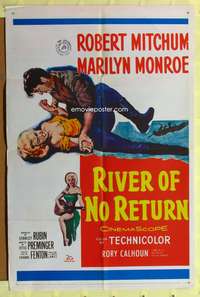 3c729 RIVER OF NO RETURN 1sh R61 art of Robert Mitchum holding down Marilyn Monroe!