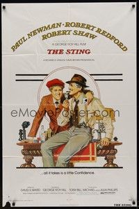 3c829 STING 1sh '74 best artwork of con men Paul Newman & Robert Redford by Richard Amsel!