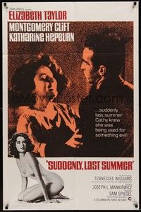 3c838 SUDDENLY, LAST SUMMER 1sh R67 close-up of Montgomery Clift & Elizabeth Taylor, + swimsuit!