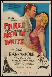 3c896 THREE MEN IN WHITE 1sh '44 Barrymore, Van Johnson, sexy Ava Gardner, Hirschfeld art!