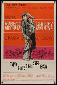 3c938 TWO FOR THE SEESAW 1sh '62 art of Robert Mitchum & sexy beatnik Shirley MacLaine!