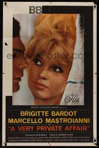 3c949 VERY PRIVATE AFFAIR 1sh '62 Vie Privee, great image of sexiest Brigitte Bardot!