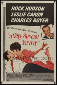 3c950 VERY SPECIAL FAVOR 1sh '65 Charles Boyer, Rock Hudson tries to unwind sexy Leslie Caron!