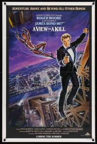3c952 VIEW TO A KILL purple advance 1sh '85 Moore as Bond & Grace Jones in parachute by Gouzee!