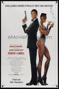3c953 VIEW TO A KILL white advance 1sh '85 art of Moore as Bond 007 & smoking Grace Jones by Gouzee