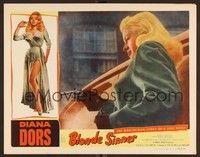 3d040 BLONDE SINNER LC '56 best profile close up of sexy bad girl Diana Dors pointing gun!