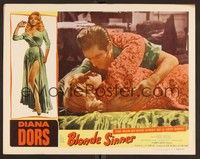 3d045 BLONDE SINNER LC '56 sexy bad girl Diana Dors laying on bed & held by Michael Craig!