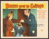 3d292 BONZO GOES TO COLLEGE LC #3 '52 Gigi Perreau holds chimp's arm while talking to man!