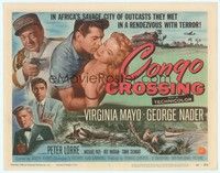 3d129 CONGO CROSSING TC '56 art of Peter Lorre pointing gun at Virginia Mayo & George Nader!
