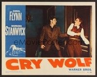 3d336 CRY WOLF LC #5 '47 Errol Flynn grabs Barbara Stanwyck's arm to stop her from leaving!