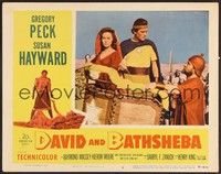 3d341 DAVID & BATHSHEBA LC #6 '51 close up of Gregory Peck & Susan Hayward riding in chariot!