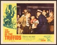 3d344 DAY OF THE TRIFFIDS LC #3 '62 sea captain Howard Keel in fight as blind people stand by!