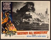 3d347 DESTROY ALL MONSTERS LC #3 '69 fantastic image of rubbery Godzilla approaching city!