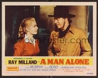 3d451 MAN ALONE LC #4 '55 c/u of star & director Ray Milland looking at pretty Mary Murphy!