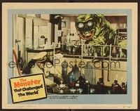 3d461 MONSTER THAT CHALLENGED THE WORLD LC #6 '57 great image of creature attacking man in lab!