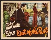 3d491 OUT OF THE PAST LC #3 '47 guy watches Jane Greer talking to Dickie Moore, cool border art!