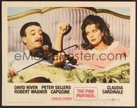 3d504 PINK PANTHER LC #6 '64 wacky close up of Peter Sellers playing violin for Capucine in bed!