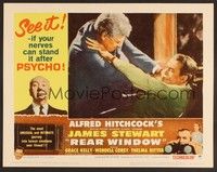 3d529 REAR WINDOW LC #2 R62 Alfred Hitchcock, Raymond Burr pushes Jimmy Stewart out of window!