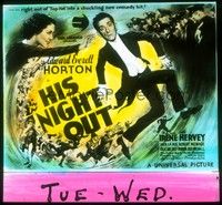 3e146 HIS NIGHT OUT glass slide '35 Edward Everett Horton in tuxedo loses his hat, Irene Hervey