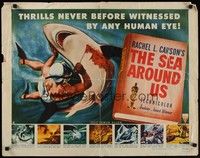 3f624 SEA AROUND US 1/2sh '53 really cool art of scuba diver fighting a shark!