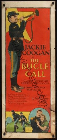 3g003 BUGLE CALL insert '27 great full-length image of Jackie Coogan in uniform blowing horn!