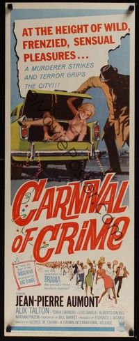 3g080 CARNIVAL OF CRIME insert '64 wild art of murderer putting tied up girl into car trunk!