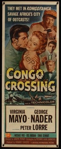 3g094 CONGO CROSSING insert '56 art of Peter Lorre pointing gun at Virginia Mayo & George Nader!