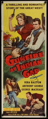 3g164 GUNFIRE AT INDIAN GAP insert '57 sexy cowgirl Vera Ralston & Anthony George with smoking guns!