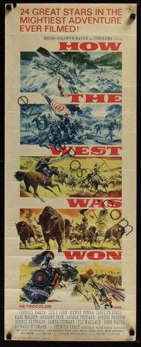 3g179 HOW THE WEST WAS WON insert '64 John Ford epic, all-star cast, cool action artwork!