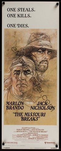 3g244 MISSOURI BREAKS insert '76 art of Marlon Brando & Jack Nicholson by Bob Peak!
