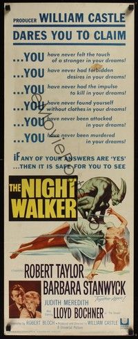 3g264 NIGHT WALKER insert '65 William Castle, Robert Taylor, Barbara Stanwyck, Reynold Brown art!