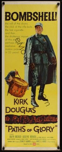 3g279 PATHS OF GLORY insert '58 Stanley Kubrick, great artwork of Kirk Douglas in WWI!
