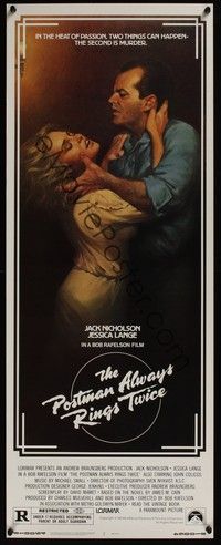 3g287 POSTMAN ALWAYS RINGS TWICE insert '81 art of Jack Nicholson & Jessica Lange by Obrero!