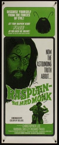 3g300 RASPUTIN THE MAD MONK insert '66 close up of crazed Christopher Lee, wacky free beard offer!
