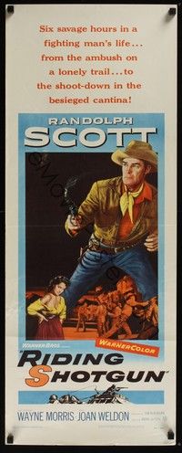 3g310 RIDING SHOTGUN insert '54 great image of cowboy Randolph Scott with smoking gun!