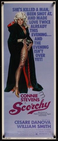 3g321 SCORCHY insert '76 full-length art of sexiest barely-dressed Connie Stevens in black cape!