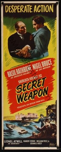 3g326 SHERLOCK HOLMES & THE SECRET WEAPON insert R48 Basil Rathbone in the title role, cool art!