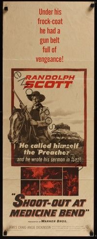 3g327 SHOOT-OUT AT MEDICINE BEND insert '57 Preacher Randolph Scott wrote his sermon in lead!