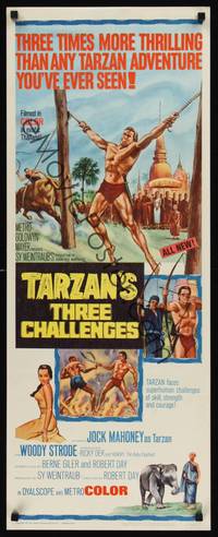 3g370 TARZAN'S THREE CHALLENGES insert '63 Edgar Rice Burroughs, artwork of bound Jock Mahoney!