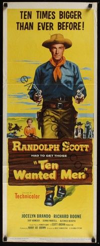 3g373 TEN WANTED MEN insert '54 cool image of cowboy Randolph Scott with two six-shooters!