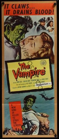 3g402 VAMPIRE insert '57 John Beal, it claws, it drains blood, cool art of monster & victim!