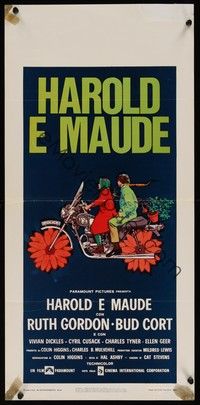 3g522 HAROLD & MAUDE Italian locandina '74 great art of Ruth Gordon & Bud Cort on motorcycle!