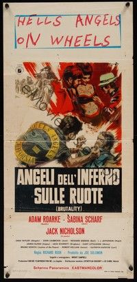 3g524 HELLS ANGELS ON WHEELS Italian locandina '68 biker gangs, cool Cesselon artwork!