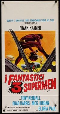 3g648 THREE FANTASTIC SUPERMEN Italian locandina '67 cool comic book super hero & thief art!