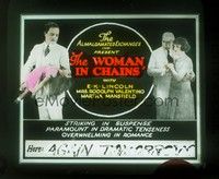 3h201 WOMAN IN CHAINS glass slide '23 pretty Mrs. Rudolph Valentino in a love triangle!
