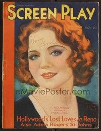 3h097 SCREEN PLAY magazine November 1931 art portrait of pretty Nancy Carroll by Henry Clive!