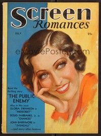 3h103 SCREEN ROMANCES magazine July 1931 art of Gloria Swanson in Indiscreet, Public Enemy!