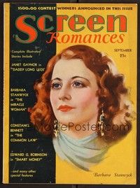 3h105 SCREEN ROMANCES magazine September 1931 art of Barbara Stanwyck in Miracle Woman by Stone!