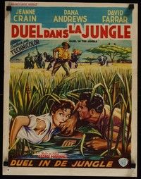 3j470 DUEL IN THE JUNGLE Belgian '54 Dana Andrews, sexy Jeanne Crain, African adventure artwork!