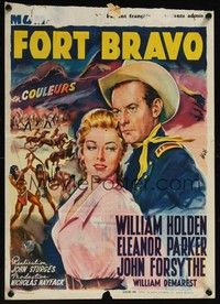 3j481 ESCAPE FROM FORT BRAVO Belgian '53 art of cowboy William Holden, Eleanor Parker!